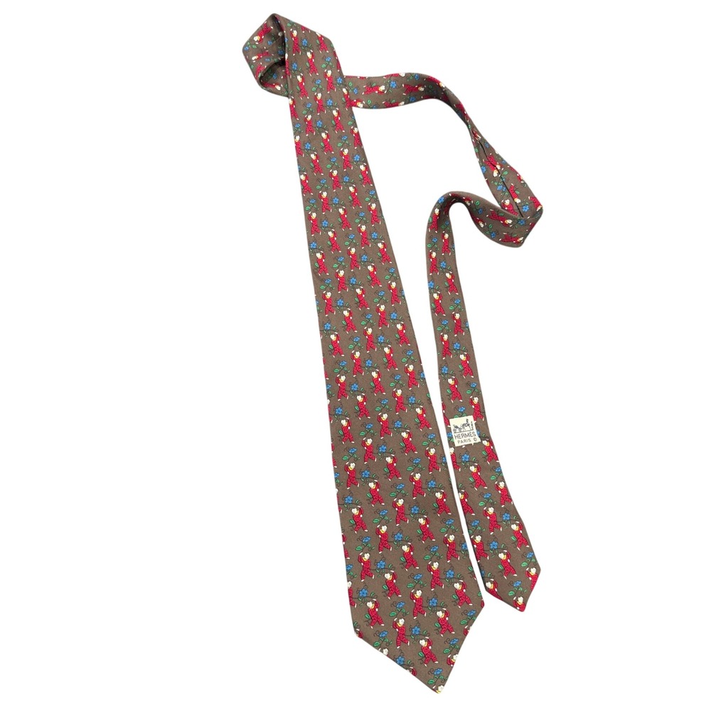 Hermes Silk Tie Mens OS Brown Red Blue Flower Novelty Print Made In France